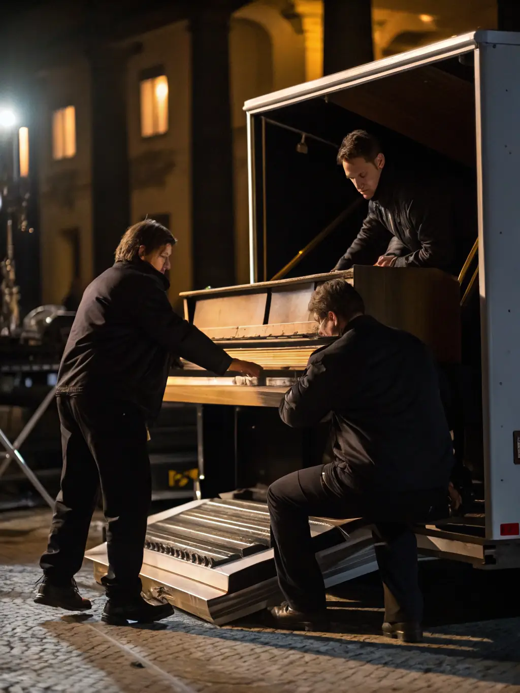 Movers carefully transporting a grand piano into a moving truck with specialized equipment, demonstrating Feroz Movers' specialty item handling.