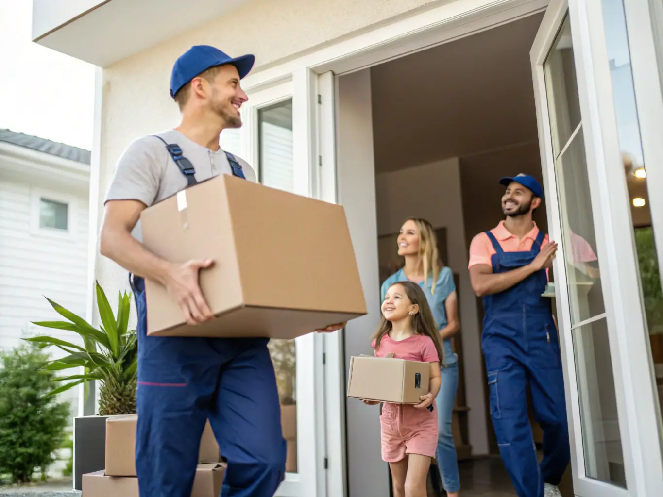 A detailed, high-resolution image depicting a family happily moving into their new home, with Feroz Movers' truck visible in the background, symbolizing a smooth and joyful residential move.