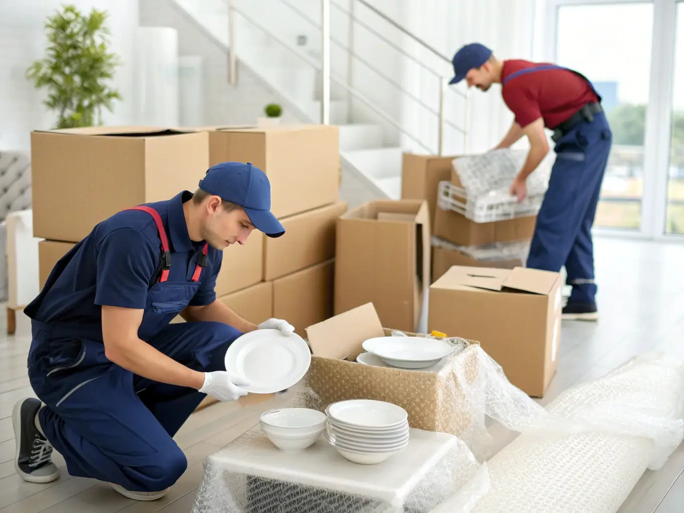 A professional photograph showcasing Feroz Movers' team carefully packing office equipment in a commercial setting, emphasizing the efficiency and expertise in handling business relocations.