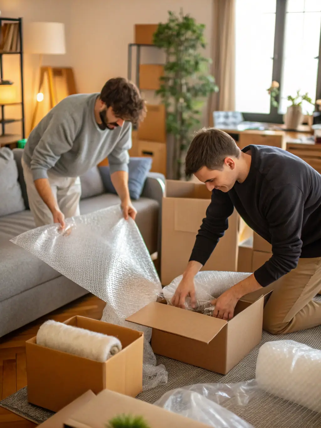 Movers carefully packing fragile items into boxes with protective padding, highlighting Feroz Movers' professional packing services.