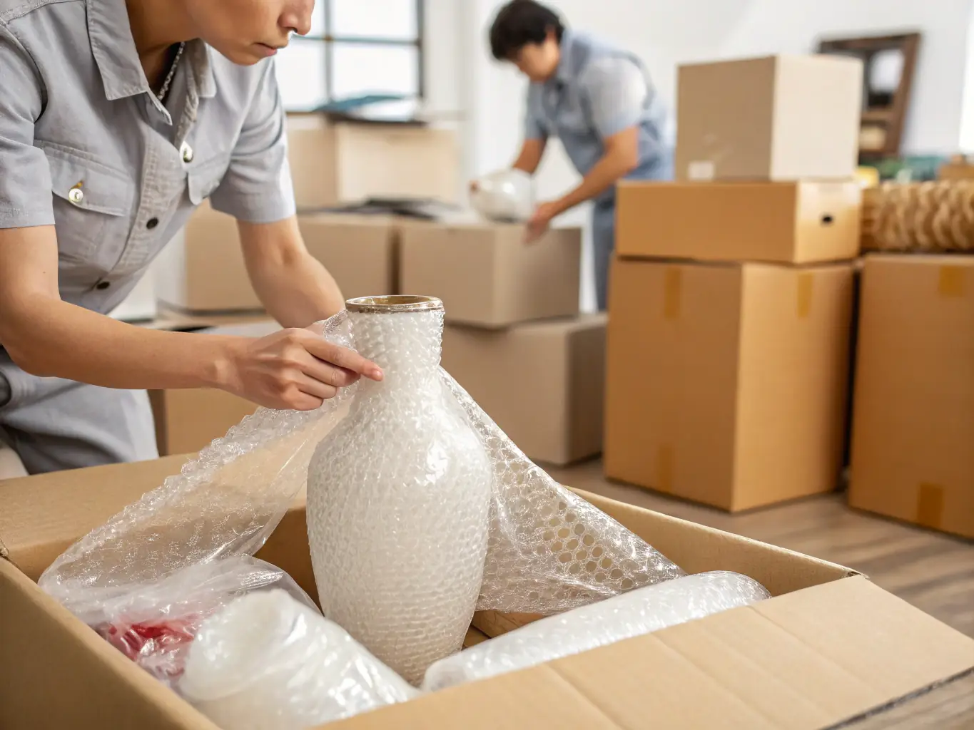 A friendly Feroz Movers team member carefully wrapping a delicate vase with bubble wrap, showcasing their commitment to careful handling of fragile items during a residential move.