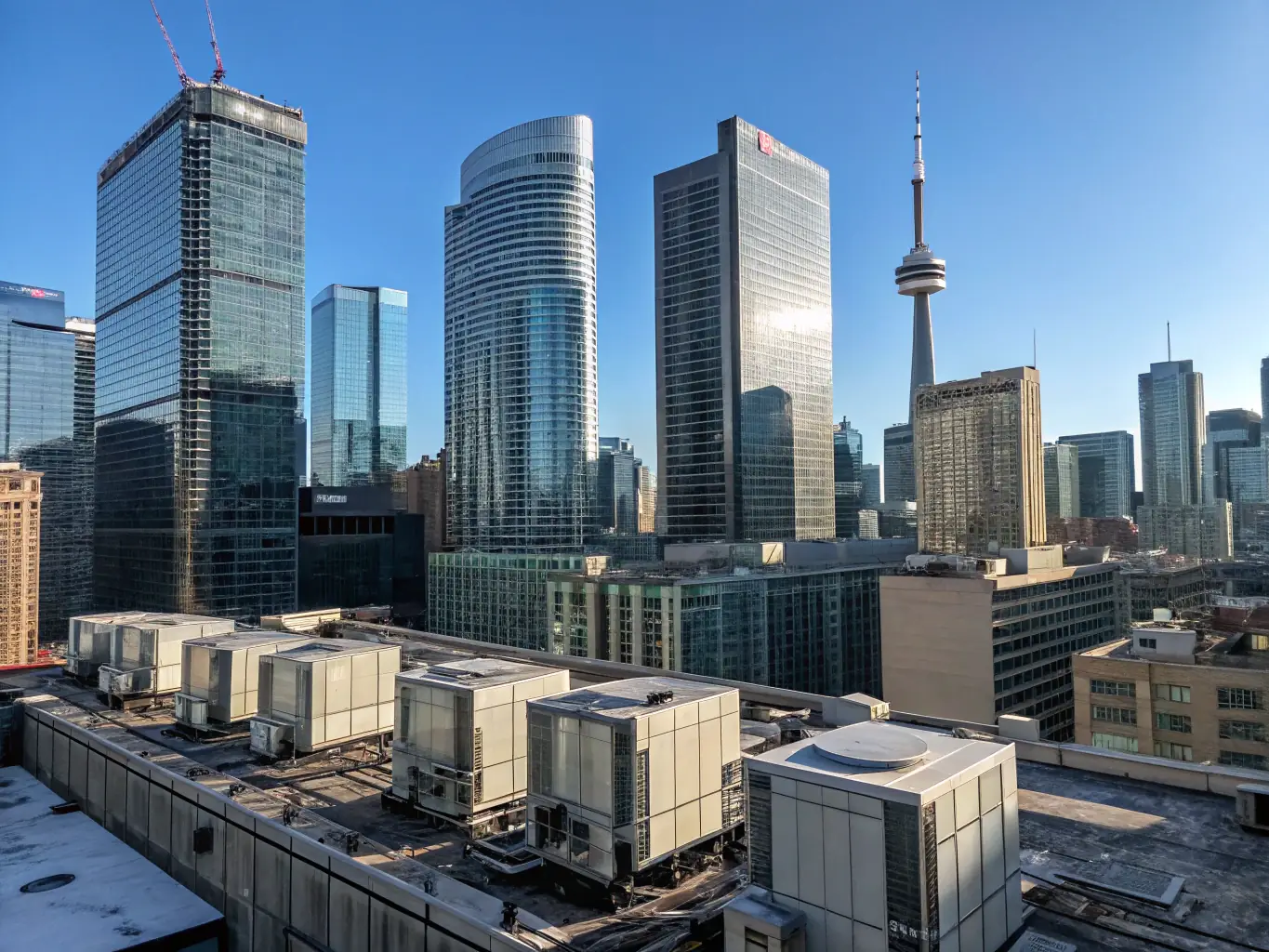 A high-rise building in Toronto with CN Tower in the background, blue sky, sunny day.
