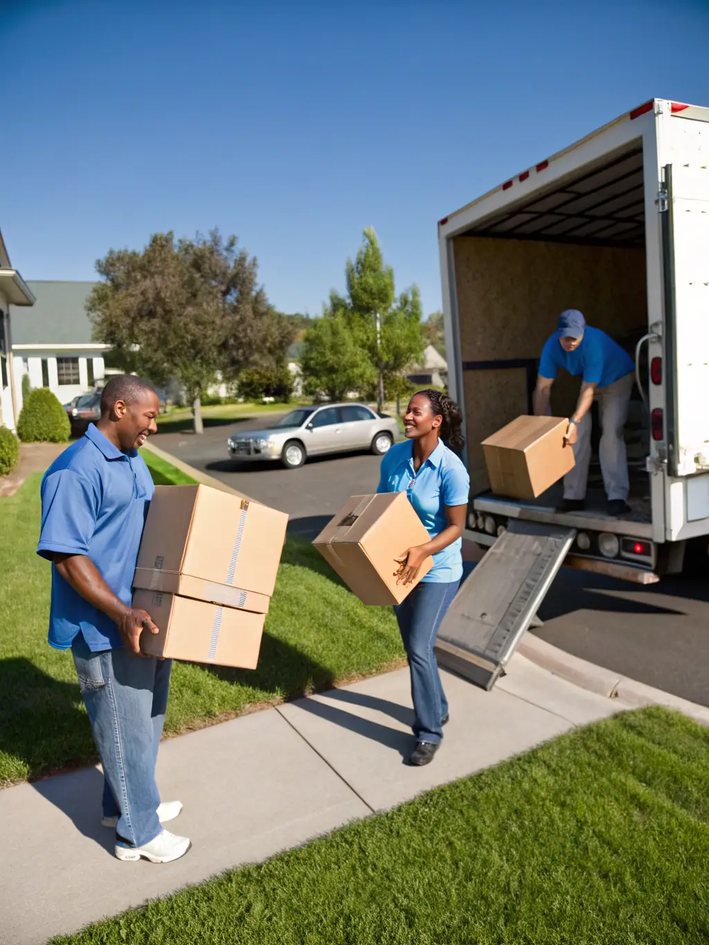 A professional moving team carefully packing household items into a moving truck in a suburban neighborhood, representing Feroz Movers' residential moving service.