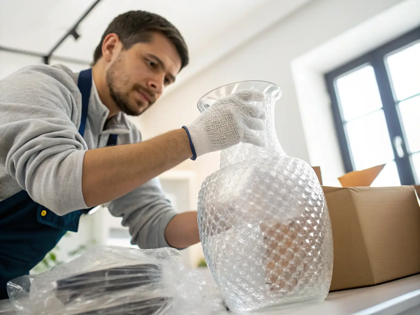 A close-up shot of Feroz Movers' staff using high-quality packing materials to securely wrap delicate items, highlighting the care and attention given to packing services.