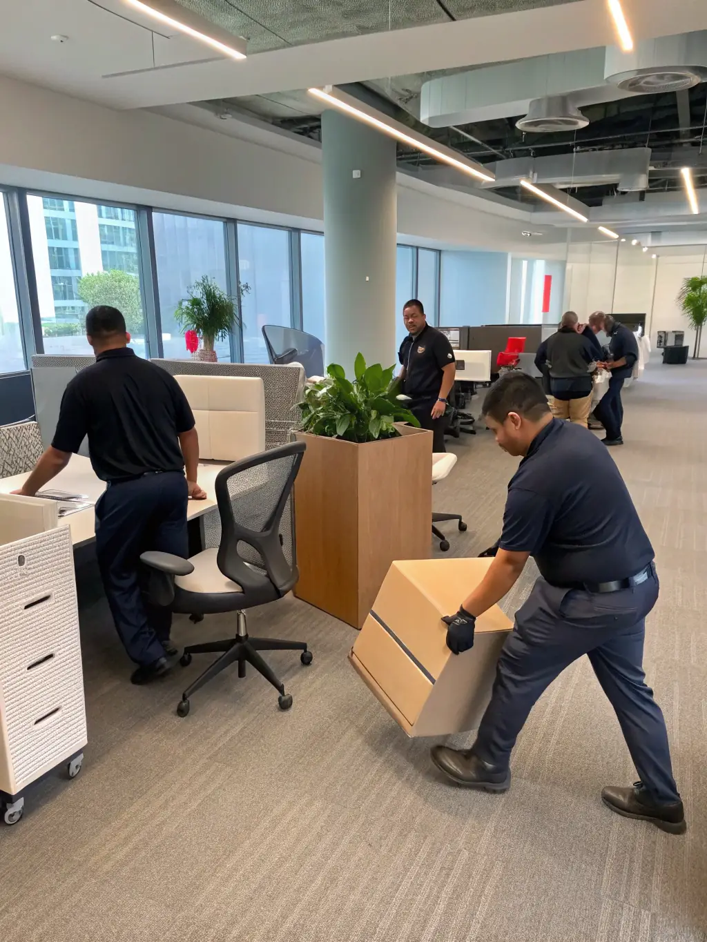 A team of movers transporting office furniture and equipment into a new commercial space, showcasing Feroz Movers' commercial relocation expertise.