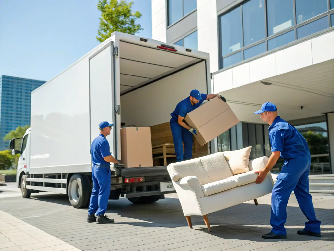 A Feroz Movers truck arriving promptly at a customer's home, with movers smiling and ready to assist, emphasizing their fast and friendly service.