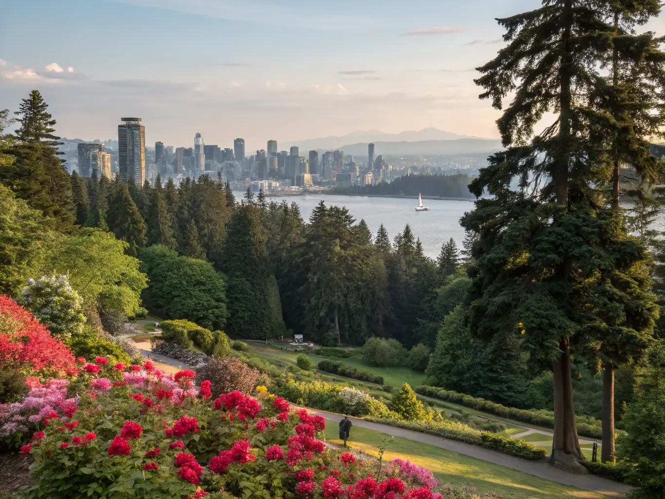 A view of Vancouver city with mountains in the background, blue sky, sunny day.